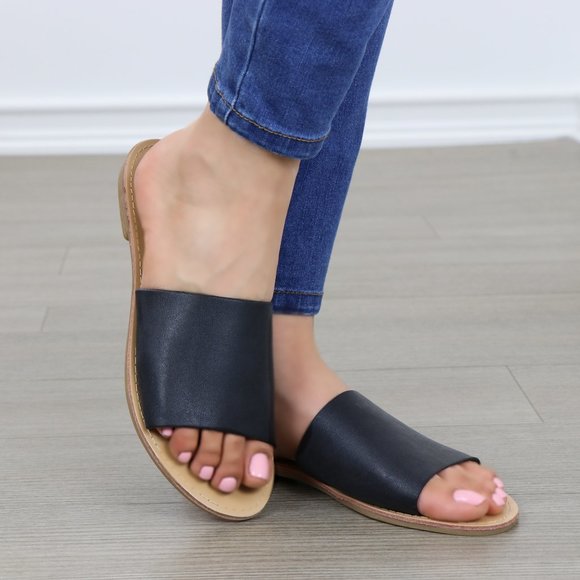 faux Leather Slip on Slider Black Flat Sandals - Picture 2 of 8